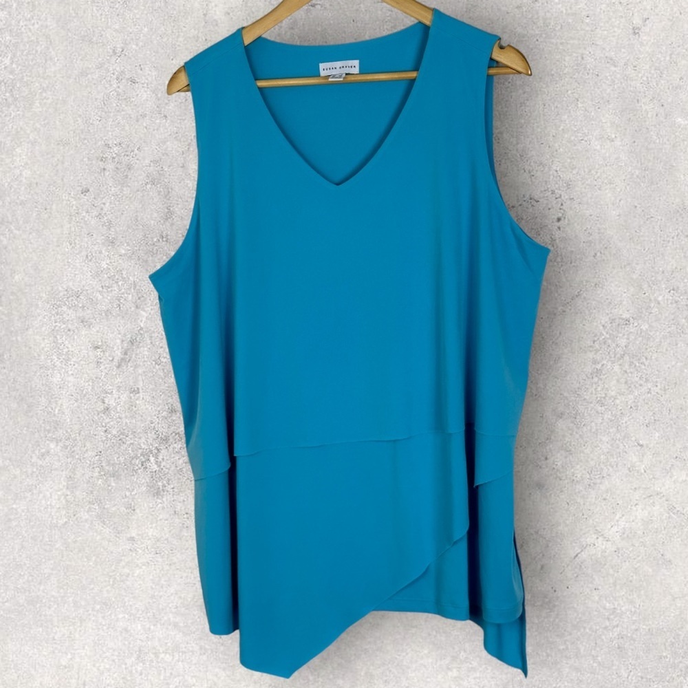 Susan Graver Everyday Liquid Knit Blue Layered Tunic Top Size 1X V-Neck Stretch